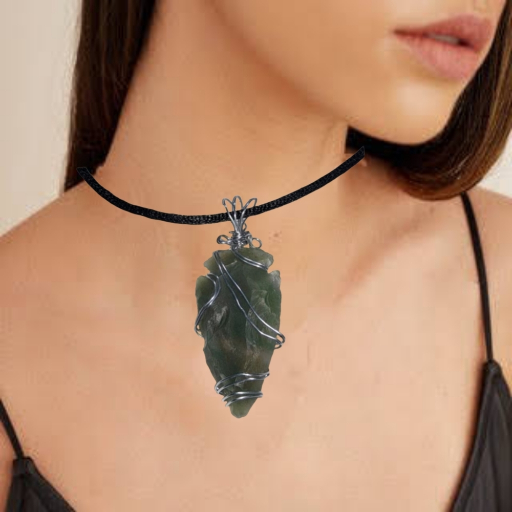 Handwired Green Arrowhead Pendant Necklace on Black Cord 18"